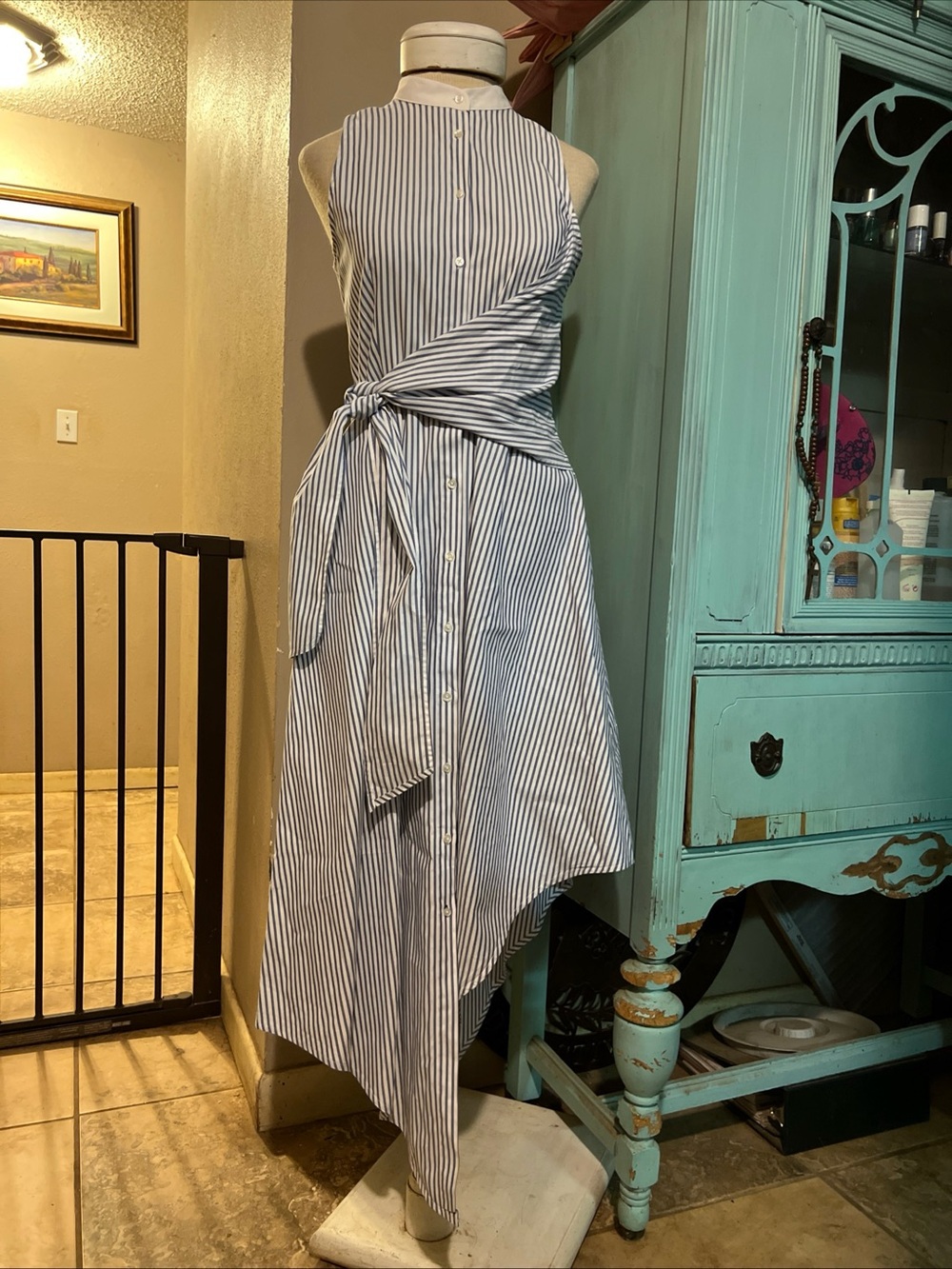 JONATHAN SIMKHAI Stripe Cotton Asymmetrical Shirt Dress Tie Waist Size Small S